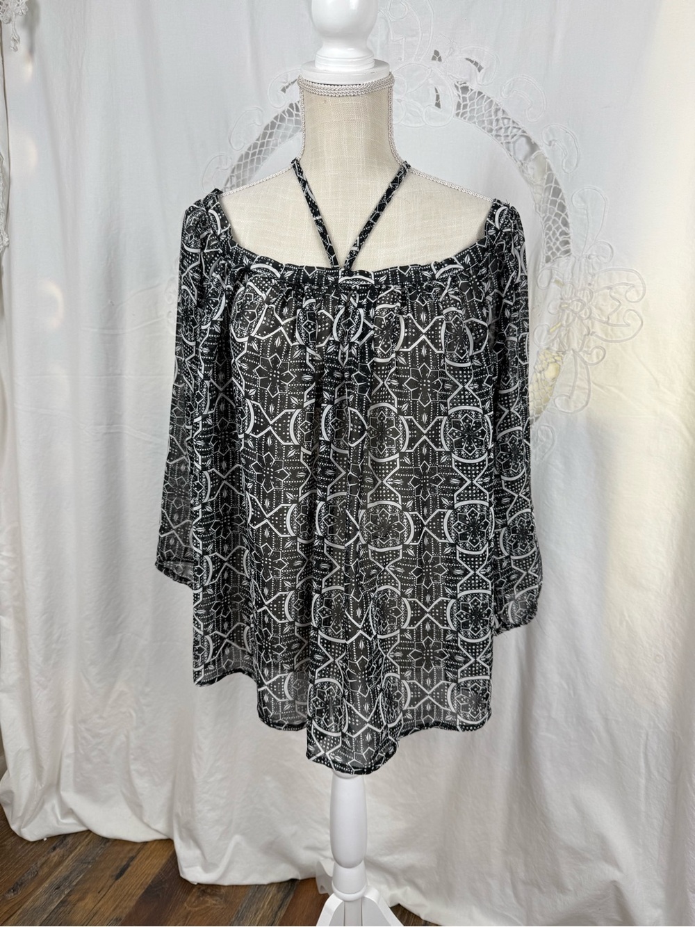 Say What? Black and White Geometric Off-Shoulder Blouse - Size Small